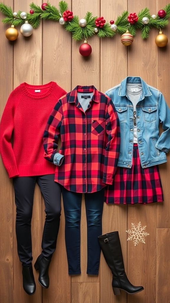 Stylish Christmas outfits for school including a red sweater, plaid dress, and graphic tee.